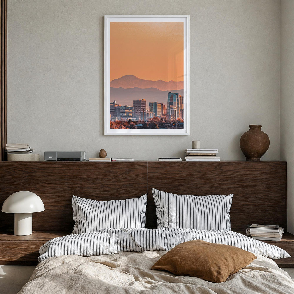 Denver no. 1 colorful photo poster of Colorado, USA – vertical wall art in white wood frame with white border, hanging on wal