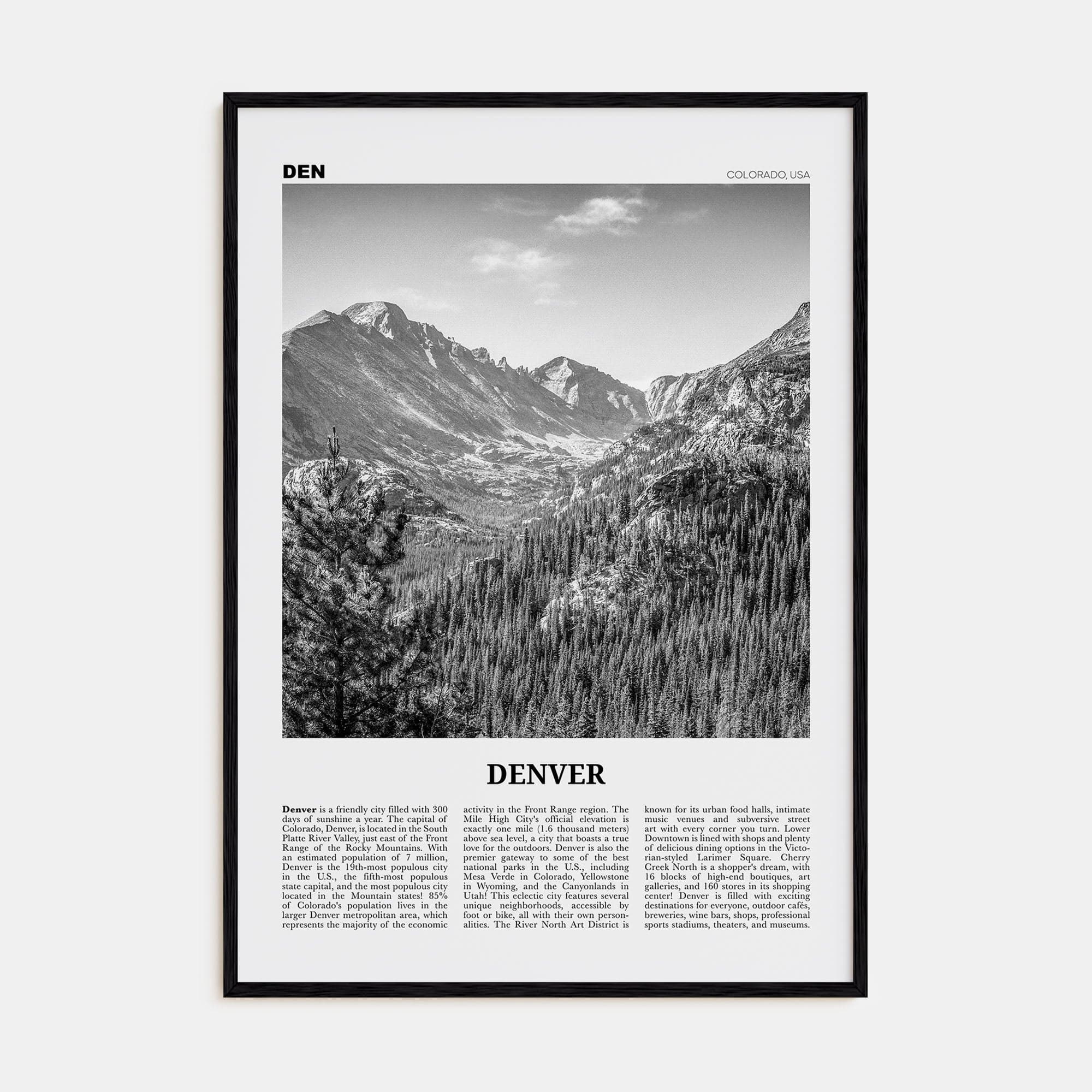 Denver No 1 Poster Black Wood / 8x12 in Nbourhood Travel B&W Poster