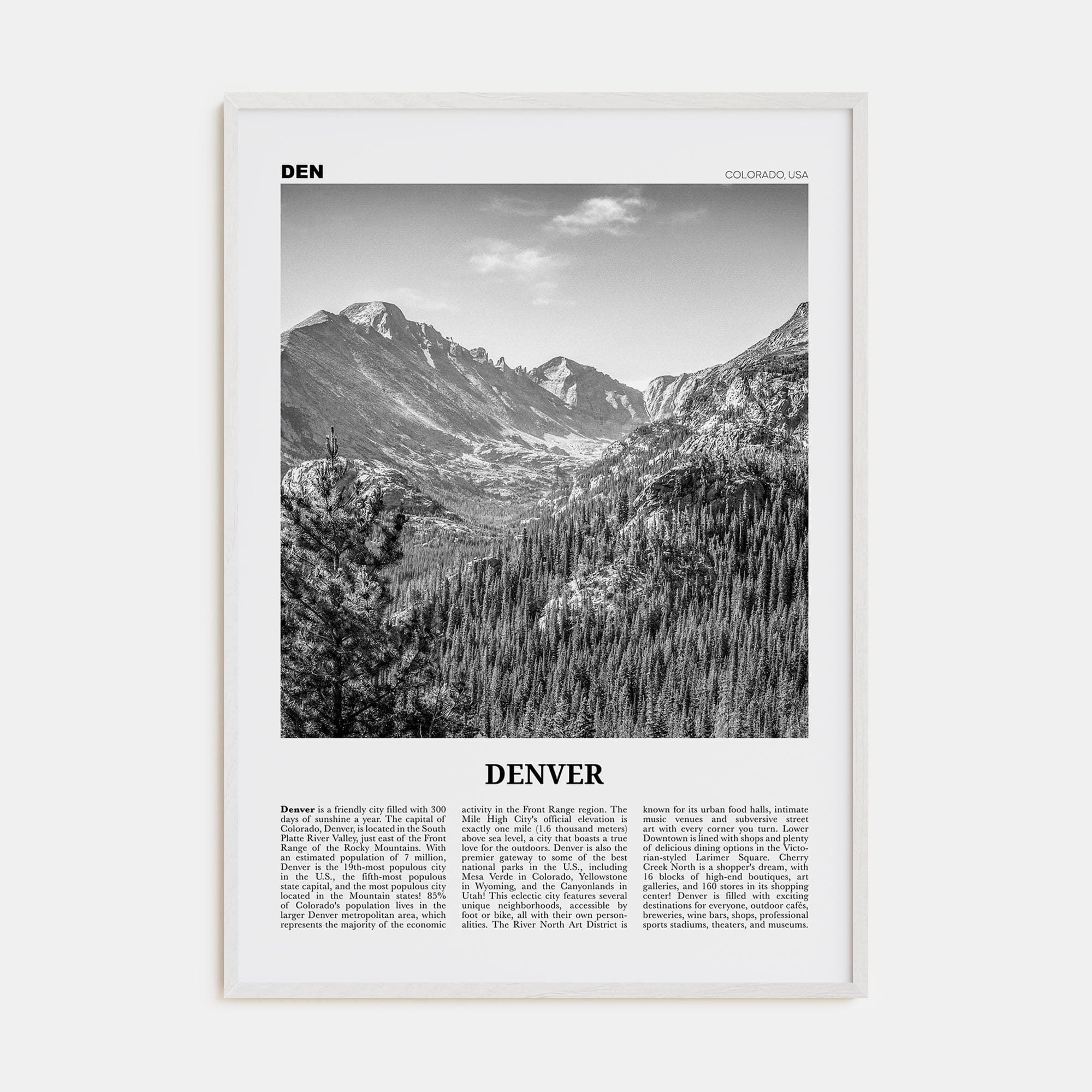 Denver No 1 Poster White Wood / 8x12 in Nbourhood Travel B&W Poster