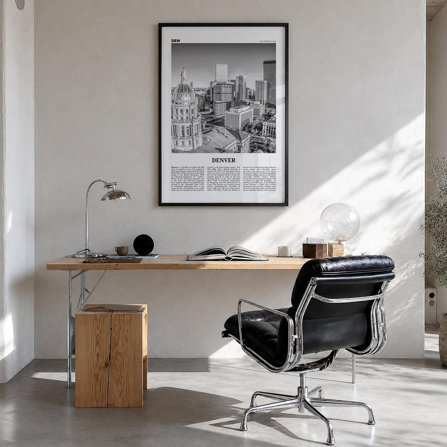 Denver no. 2 black & white newspaper poster of Colorado, USA – vertical wall art in black wood frame, hanging on wall
