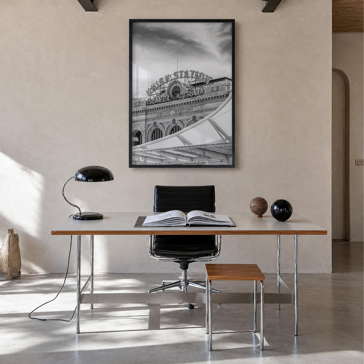 Denver no. 2 black & white photo poster of Colorado, USA – vertical wall art in black wood frame, hanging on wall