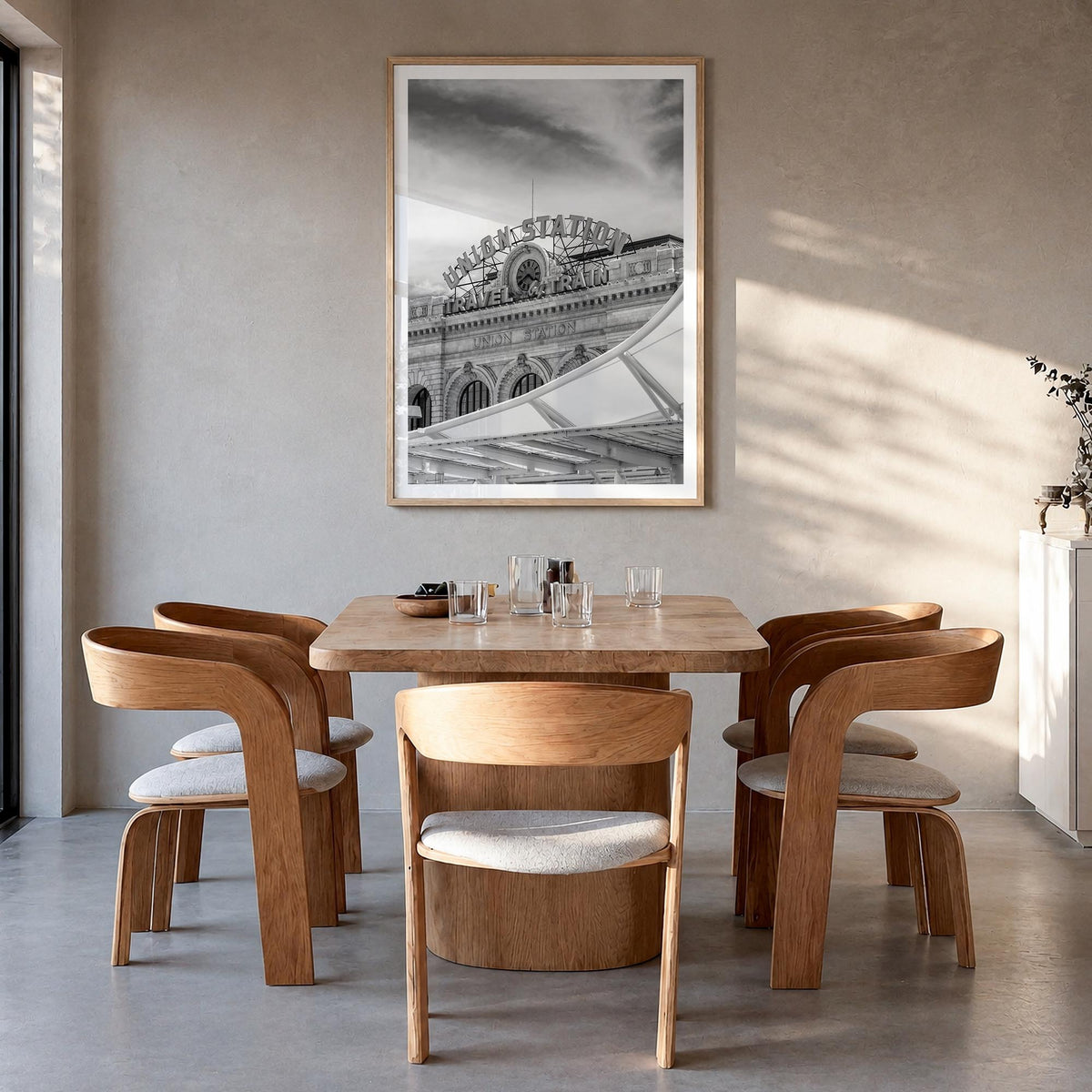 Denver no. 2 black & white photo poster of Colorado, USA – vertical wall art in natural wood frame with white border, hanging