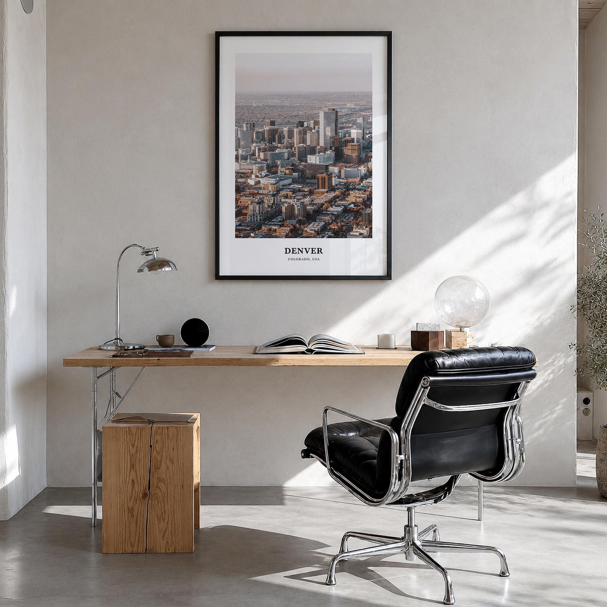 Denver no. 2 colorful classic poster of Colorado, USA – vertical wall art in black wood frame, hanging on wall