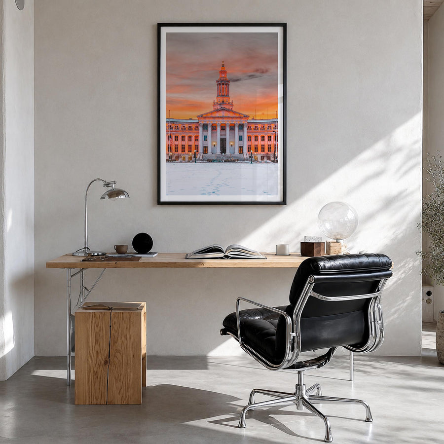 Denver no. 2 colorful photo poster of Colorado, USA – vertical wall art in black wood frame with white border, hanging on wal