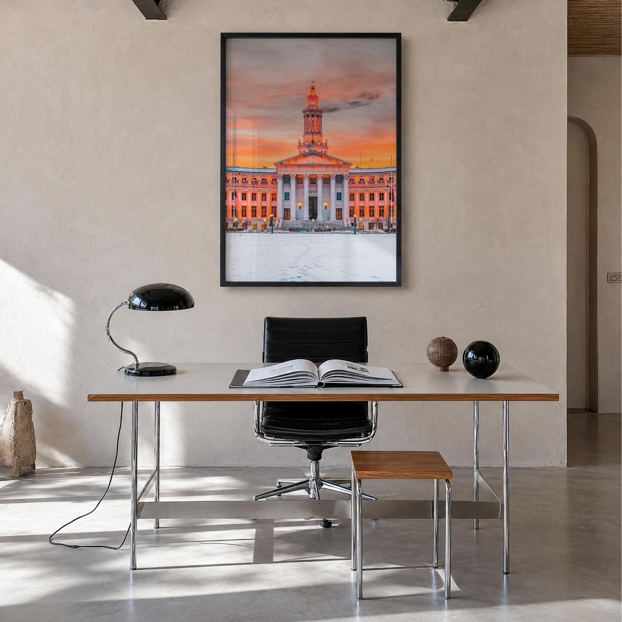 Denver no. 2 colorful photo poster of Colorado, USA – vertical wall art in black wood frame, hanging on wall