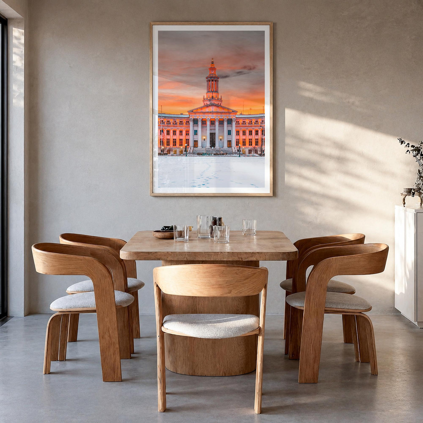 Denver no. 2 colorful photo poster of Colorado, USA – vertical wall art in natural wood frame with white border, hanging on w
