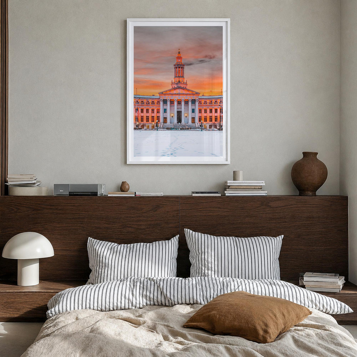 Denver no. 2 colorful photo poster of Colorado, USA – vertical wall art in white wood frame with white border, hanging on wal