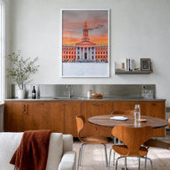 Denver no. 2 colorful photo poster of Colorado, USA – vertical wall art in white wood frame, hanging on wall