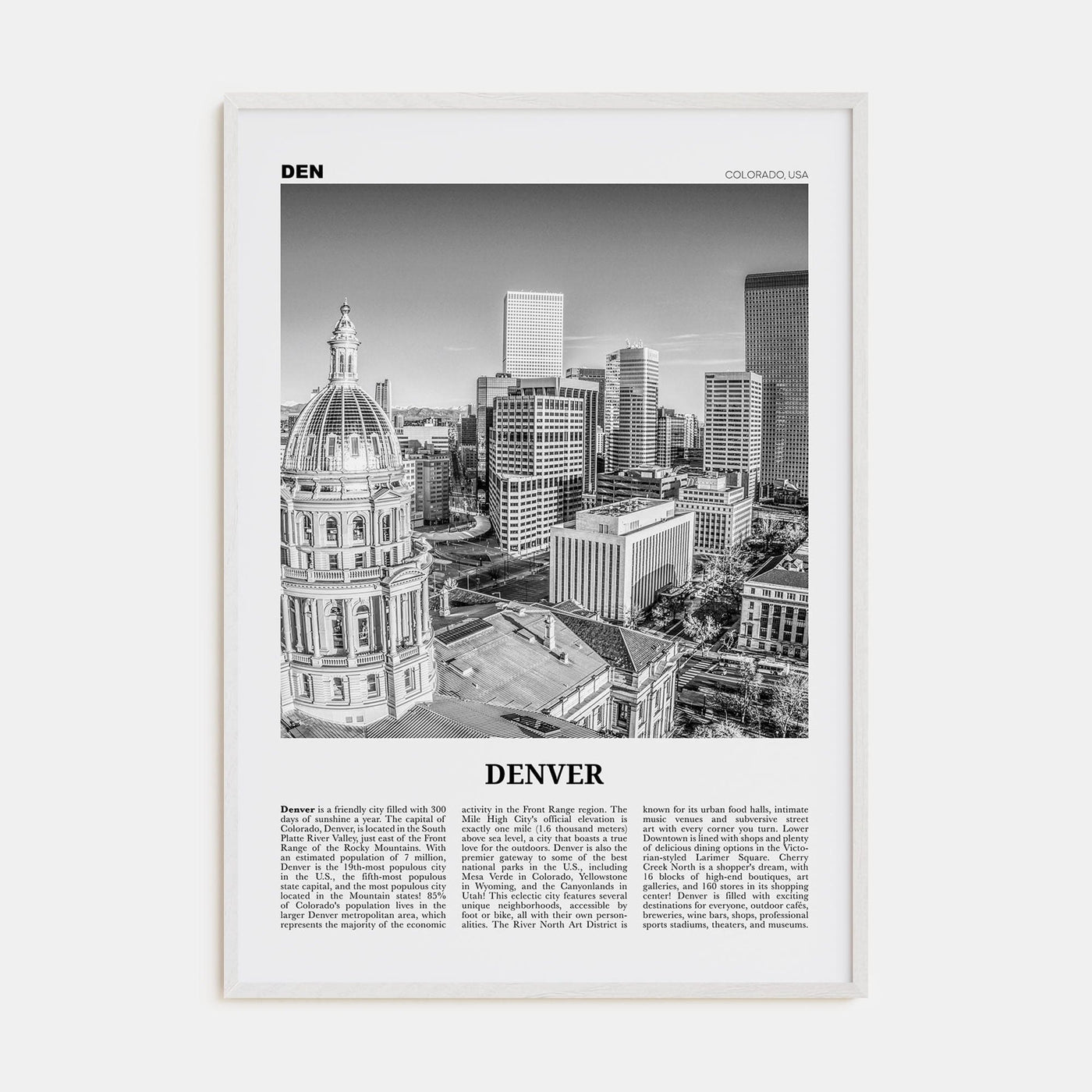 Denver No 2 Poster White Wood / 8x12 in Nbourhood Travel B&W Poster