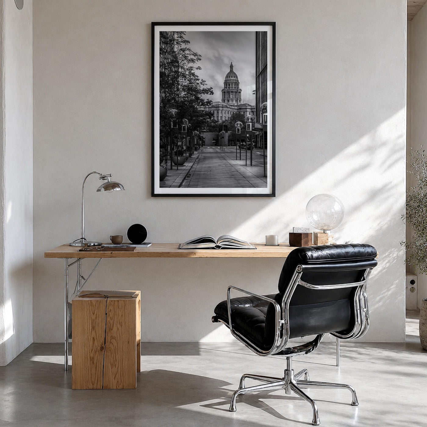 Denver no. 3 black & white photo poster of Colorado, USA – vertical wall art in black wood frame with white border, hanging o