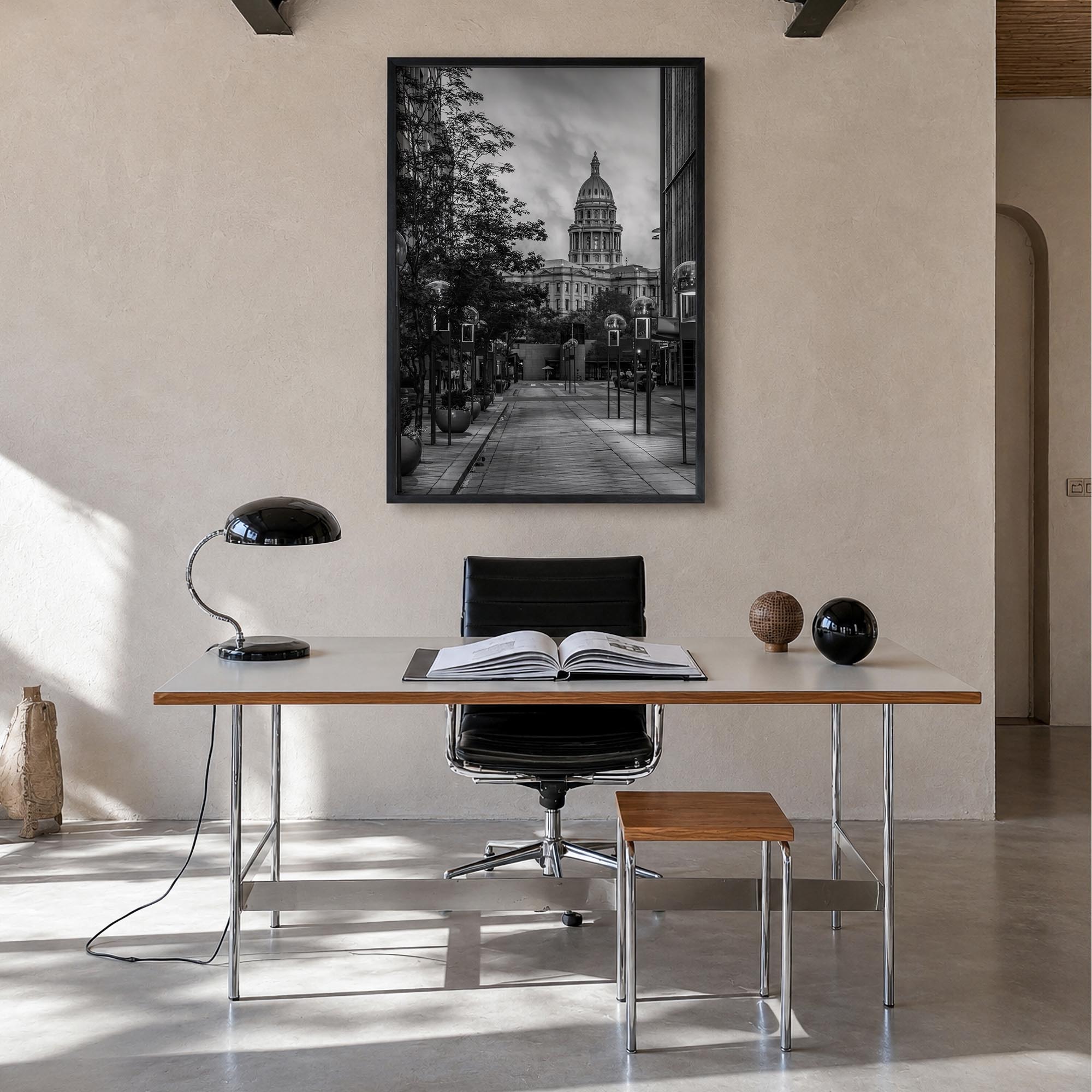Denver no. 3 black & white photo poster of Colorado, USA – vertical wall art in black wood frame, hanging on wall