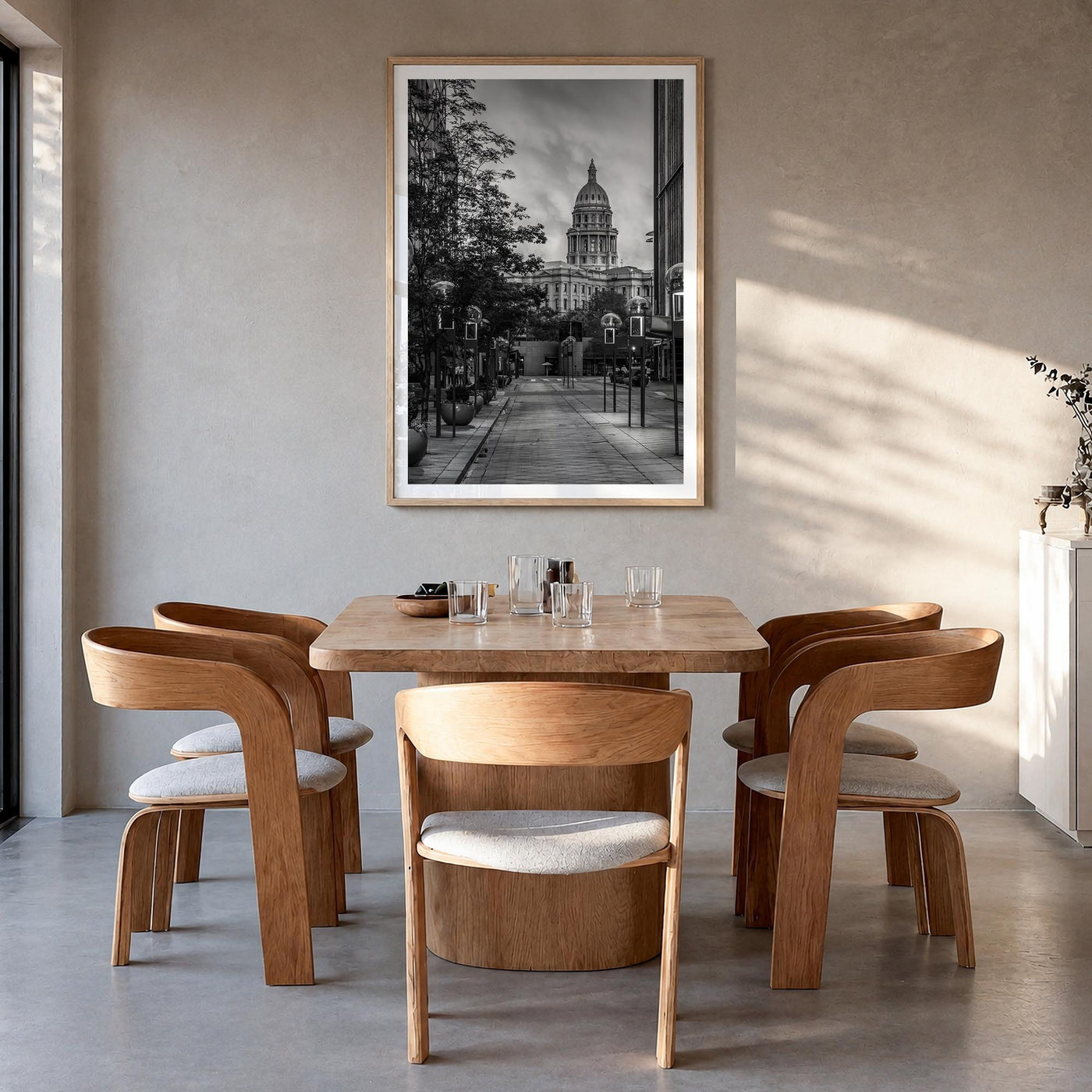 Denver no. 3 black & white photo poster of Colorado, USA – vertical wall art in natural wood frame with white border, hanging