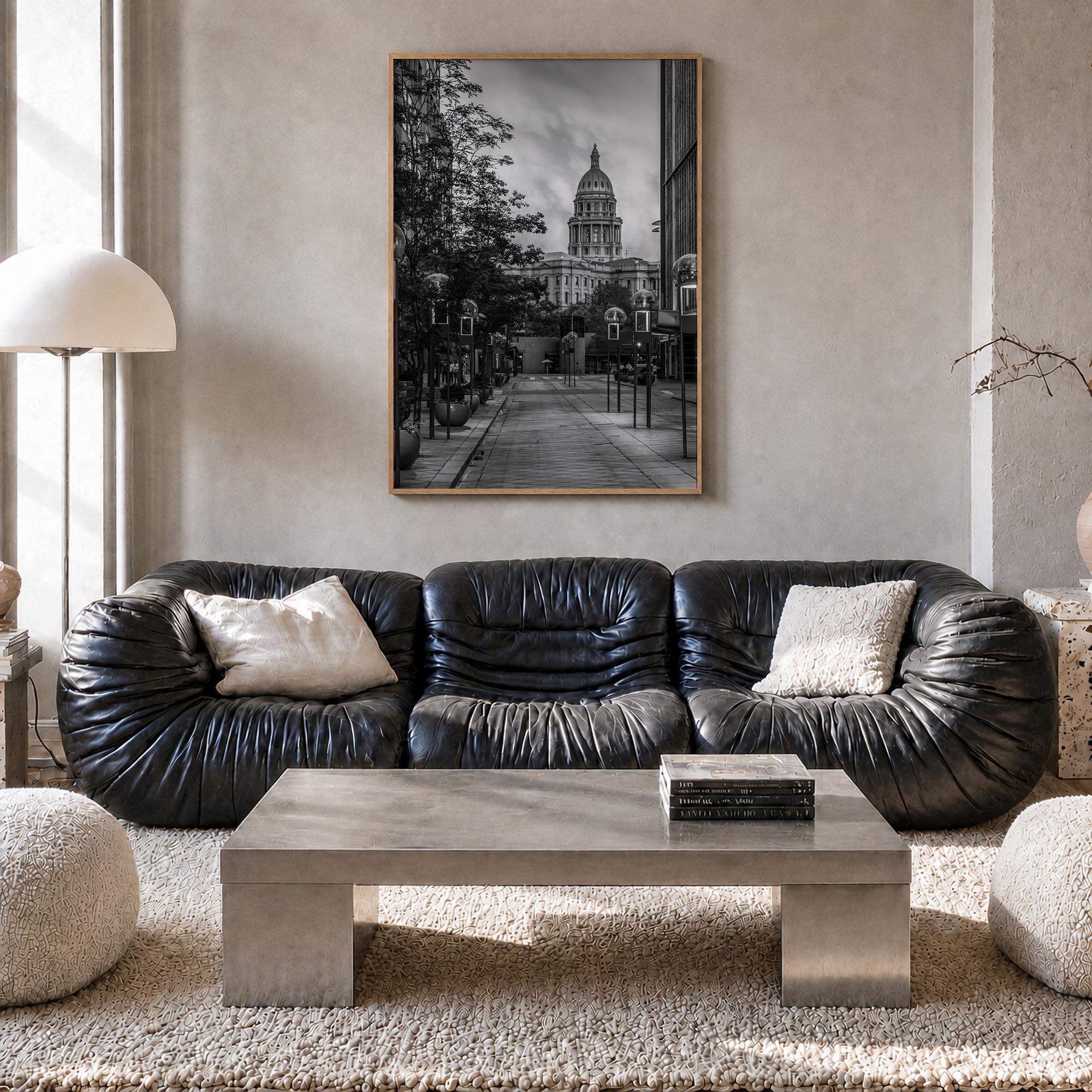 Denver no. 3 black & white photo poster of Colorado, USA – vertical wall art in natural wood frame, hanging on wall