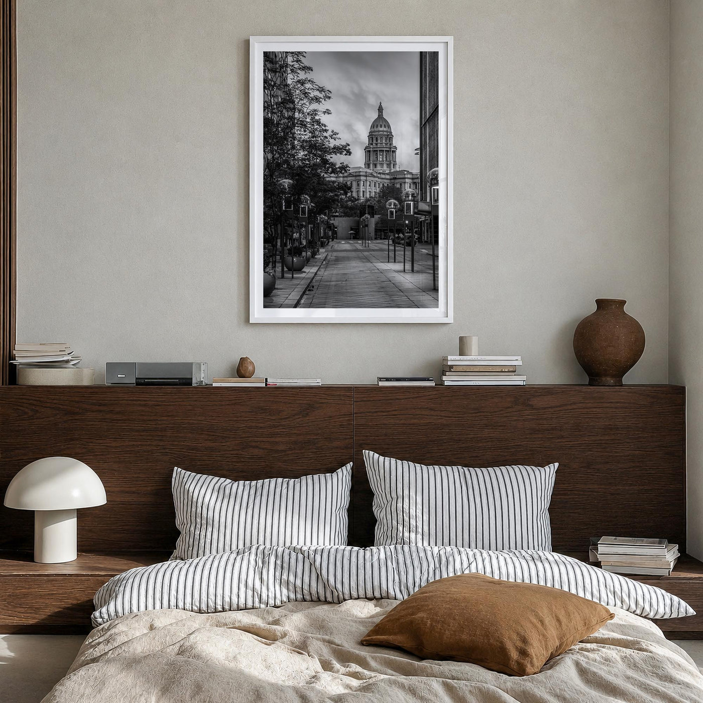 Denver no. 3 black & white photo poster of Colorado, USA – vertical wall art in white wood frame with white border, hanging o