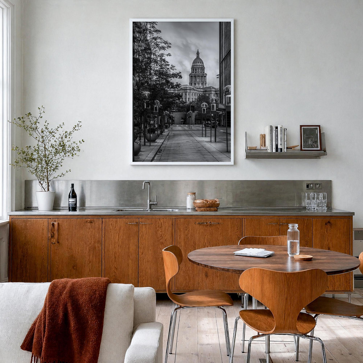 Denver no. 3 black & white photo poster of Colorado, USA – vertical wall art in white wood frame, hanging on wall