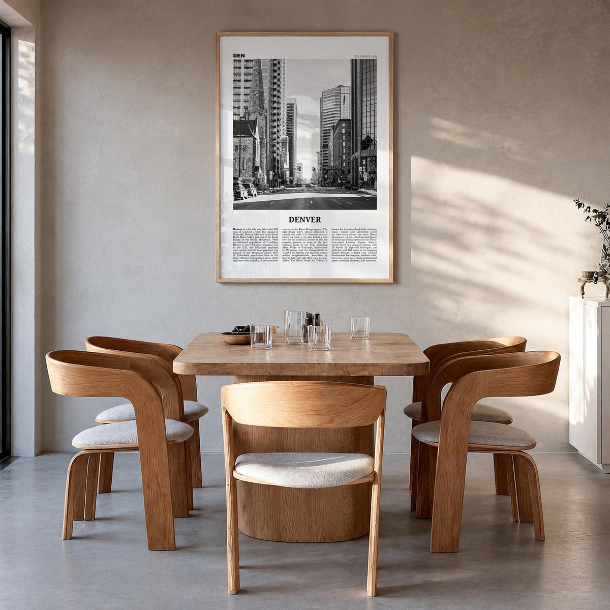 Denver no. 4 black & white newspaper poster of Colorado, USA – vertical wall art in natural wood frame, hanging on wall