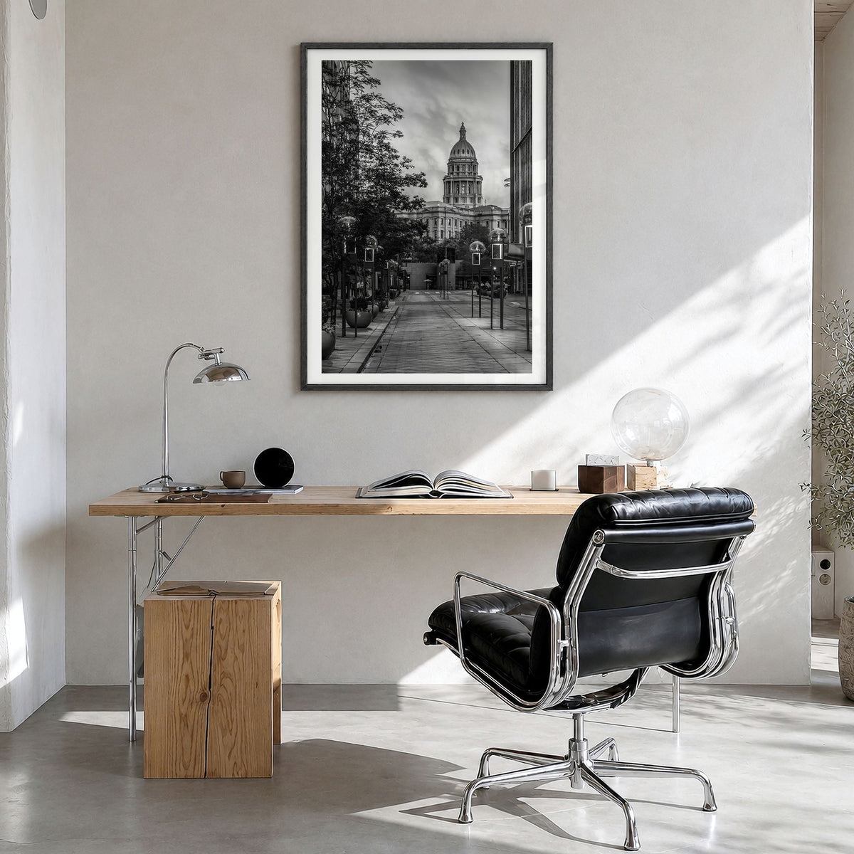 Denver Photo No 3 Poster in a black wood frame, hanging in a bright home office, white border