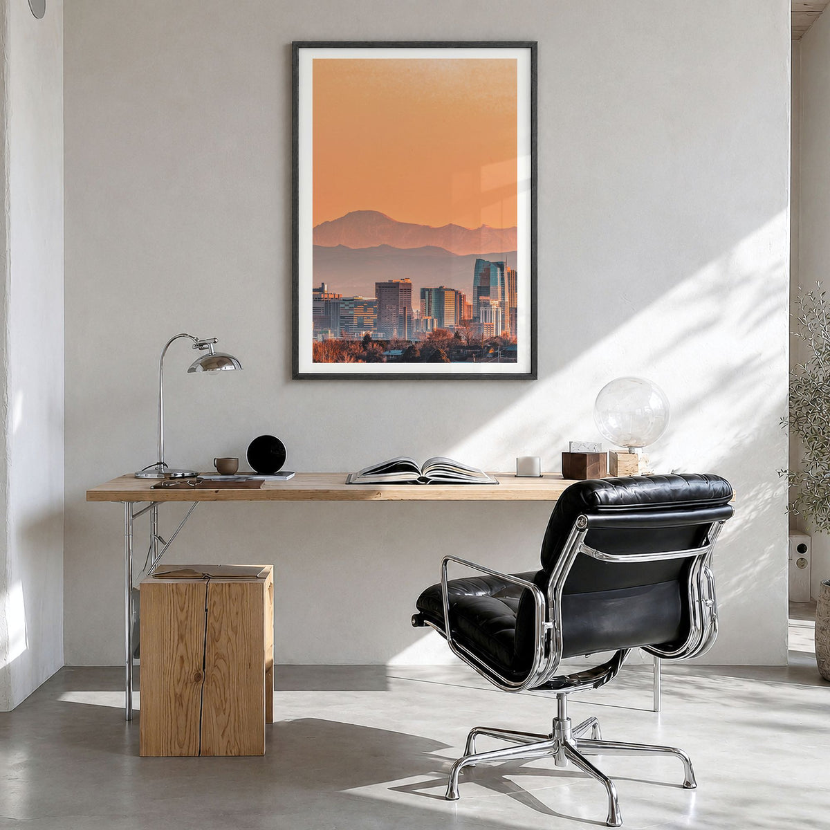 Denver Photo No 1 Poster in a black wood frame, hanging in a bright home office, white border