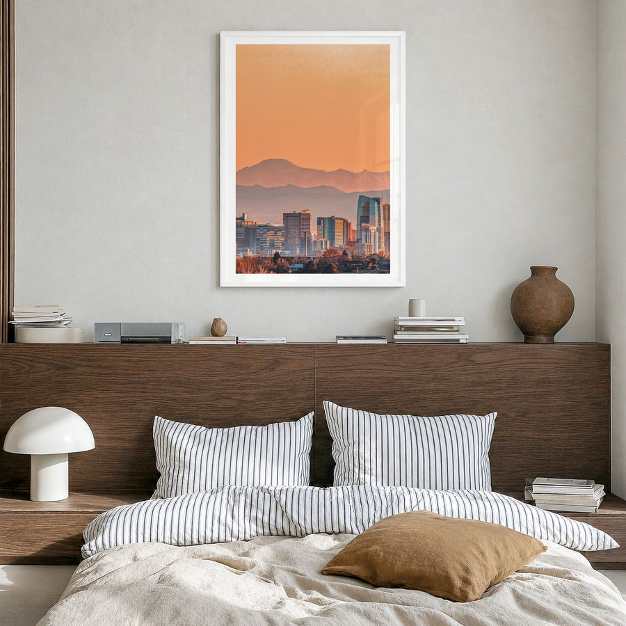 Denver Photo No 1 Poster in a white wood frame, hanging in a bedroom, white border