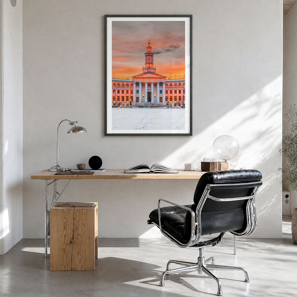 Denver Photo No 2 Poster in a black wood frame, hanging in a bright home office, white border