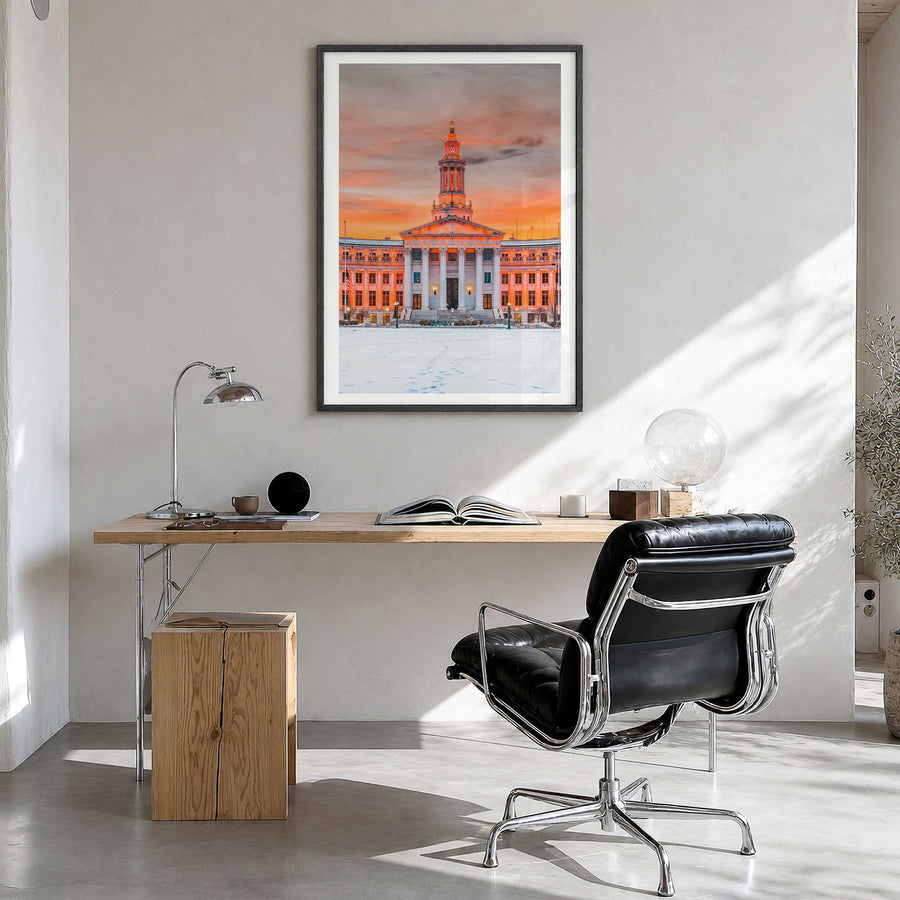 Denver Photo No 2 Poster in a black wood frame, hanging in a bright home office, white border