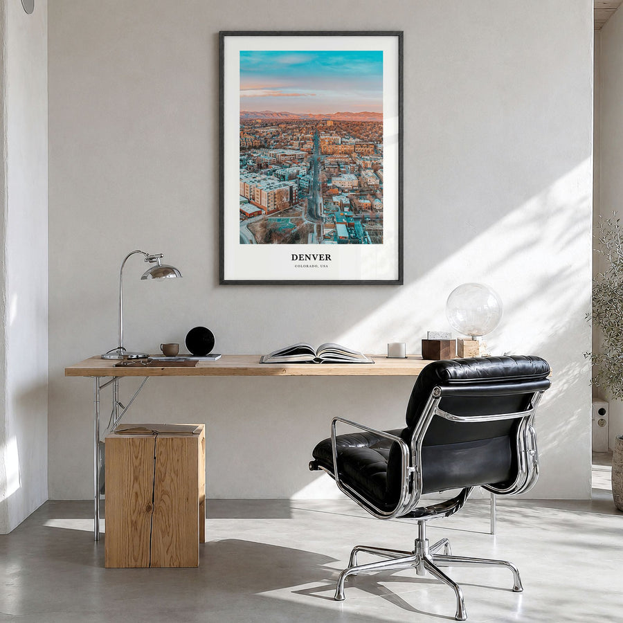 Denver Classic No 1 Poster in a black wood frame, hanging in a bright home office
