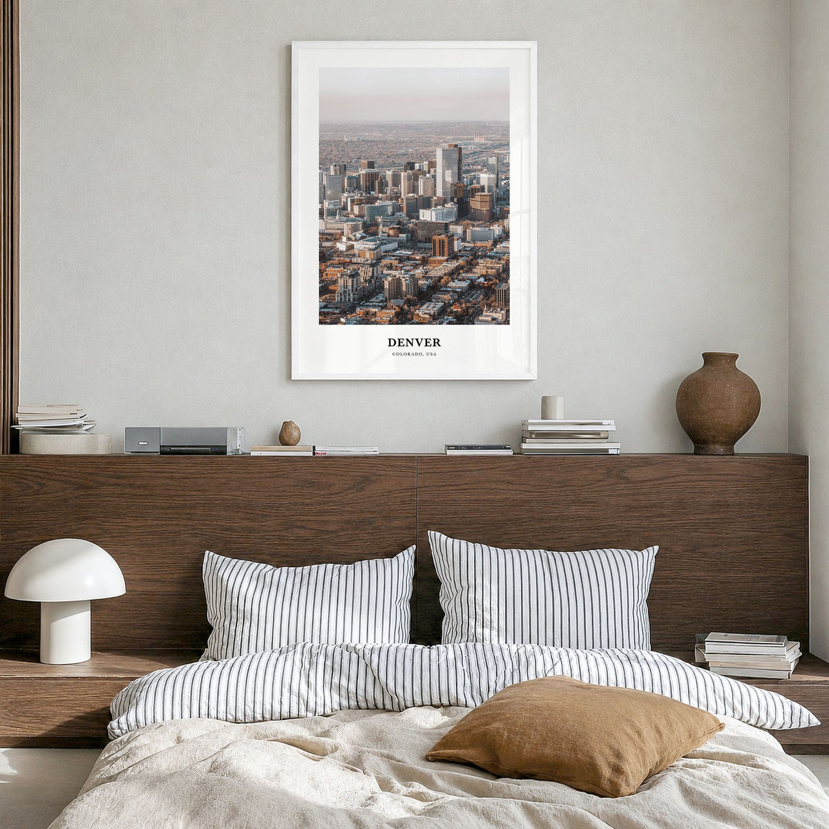 Denver Classic No 2 Poster in a white wood frame, hanging in a bedroom