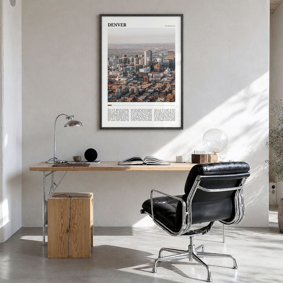 Denver Travel No 2 Poster in a black wood frame, hanging in a bright home office