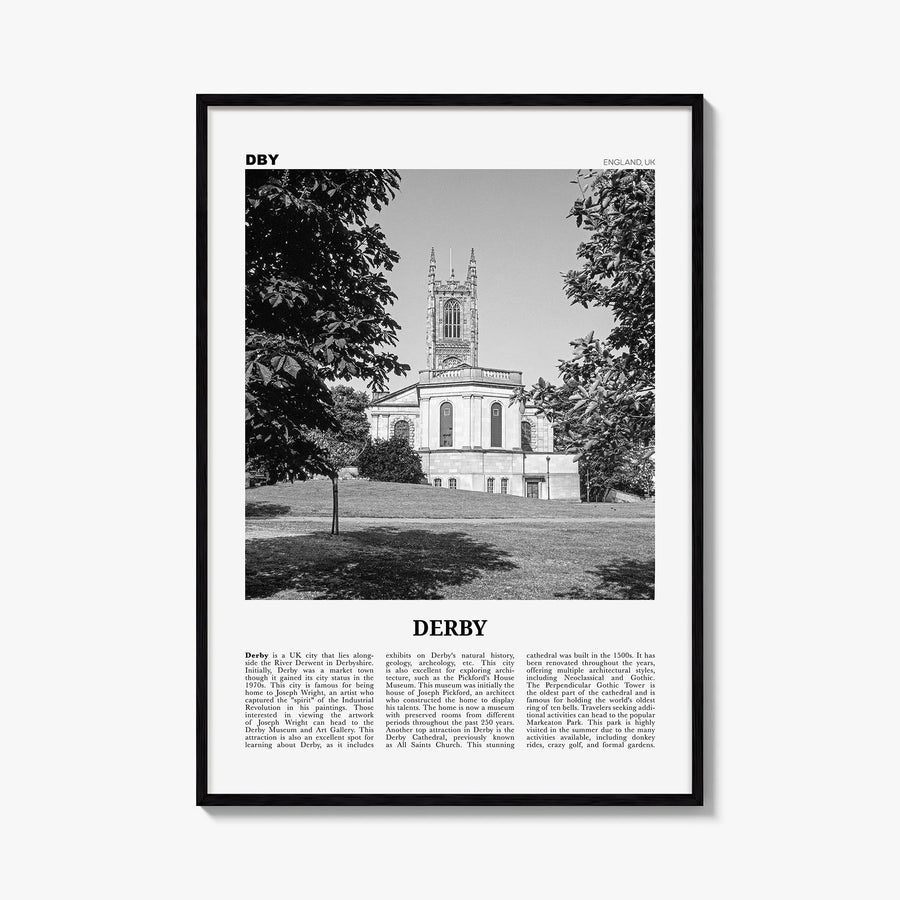 Derby black & white newspaper poster of United Kingdom – vertical wall art, unframed print shown in interior mockup
