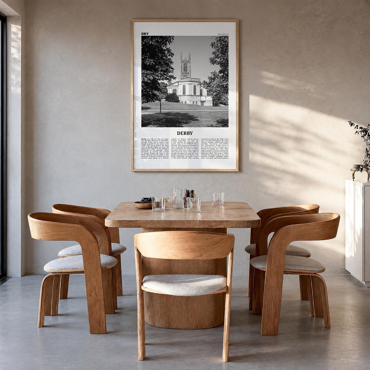 Derby black & white newspaper poster of United Kingdom – vertical wall art in natural wood frame, hanging on wall