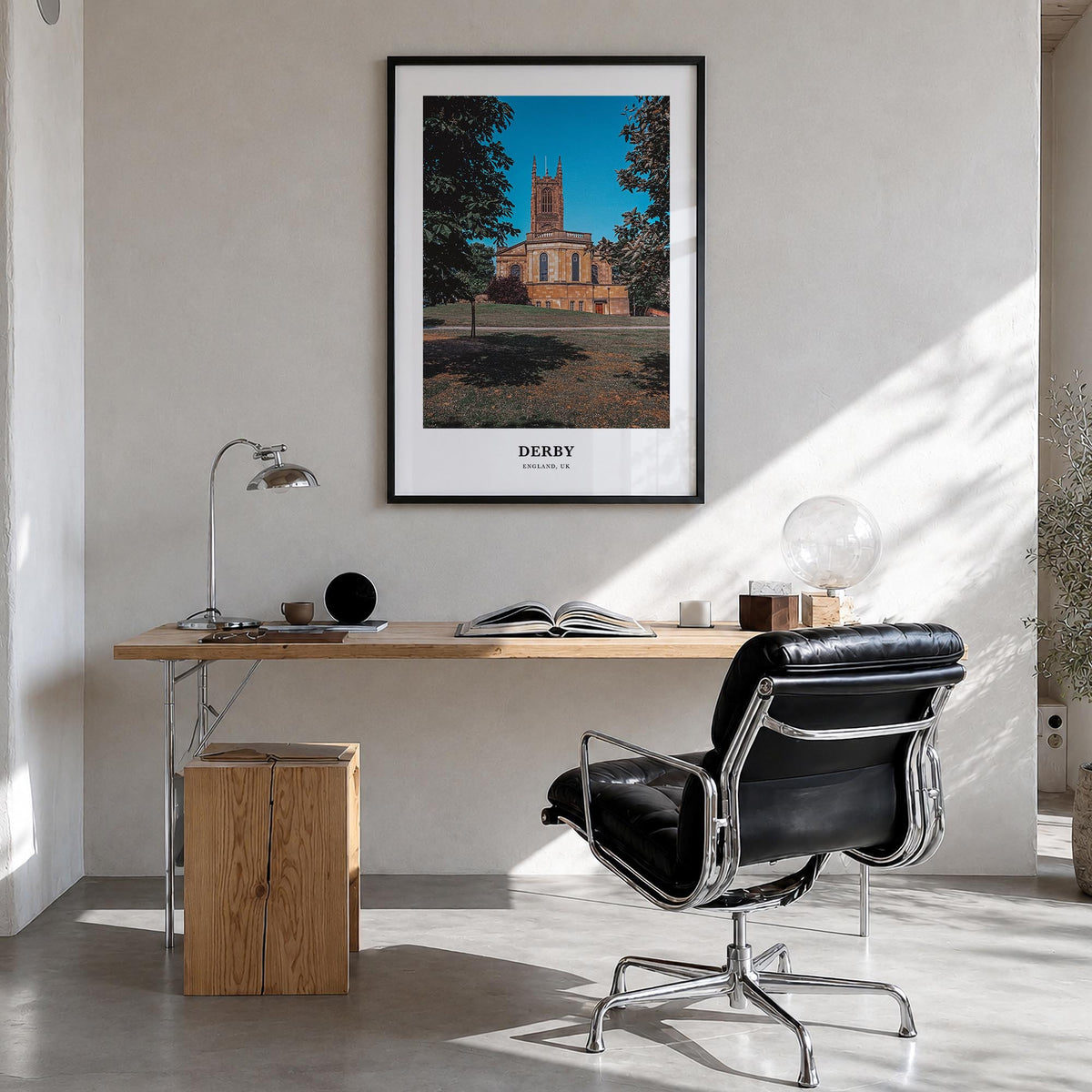 Derby colorful classic poster of United Kingdom – vertical wall art in black wood frame, hanging on wall