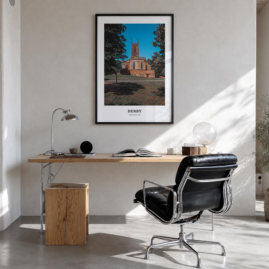 Derby colorful classic poster of United Kingdom – vertical wall art in black wood frame, hanging on wall