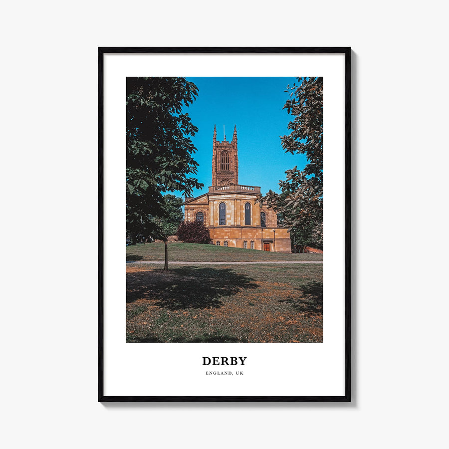 Derby colorful classic poster of United Kingdom – vertical wall art, unframed print shown in interior mockup