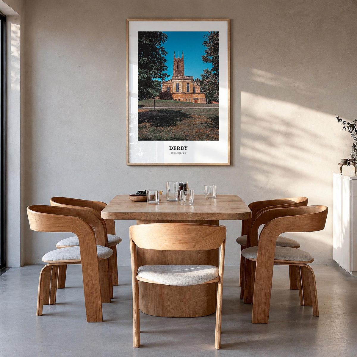 Derby colorful classic poster of United Kingdom – vertical wall art in natural wood frame, hanging on wall