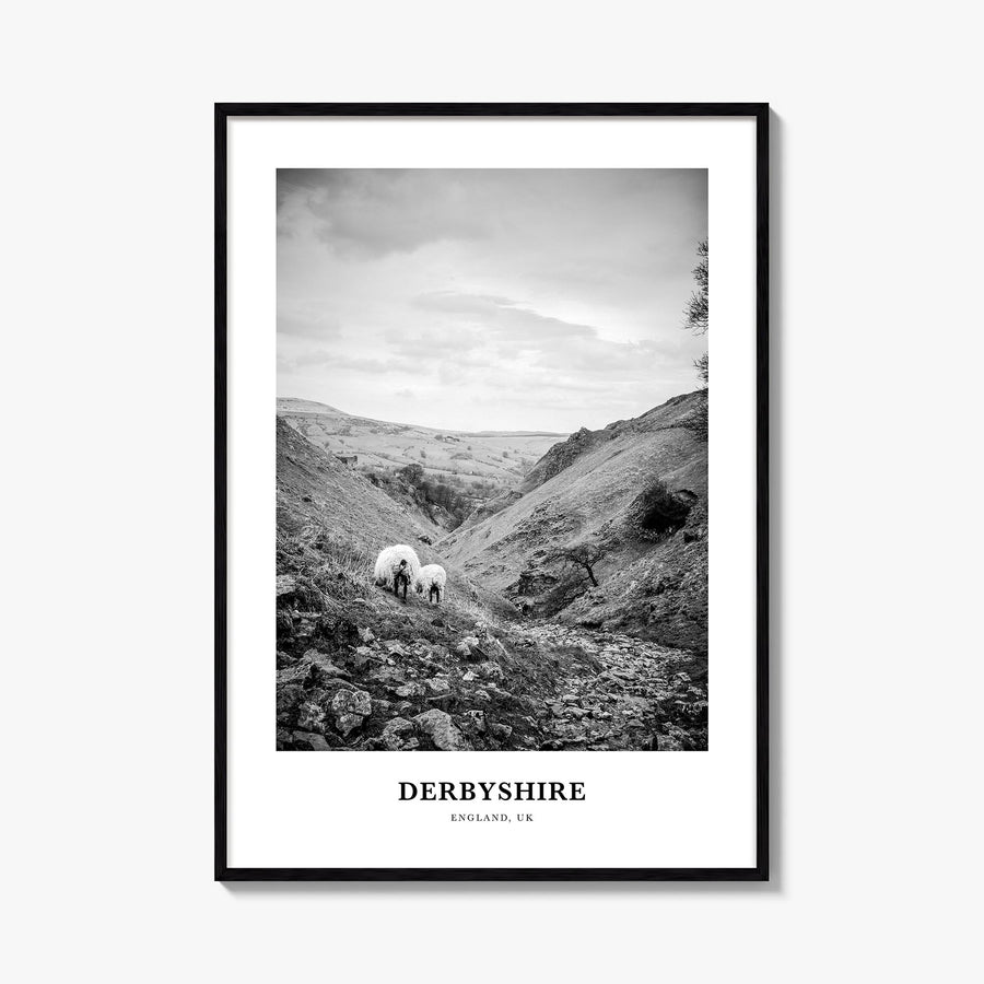 Derbyshire black & white classic poster of United Kingdom – vertical wall art, unframed print shown in interior mockup