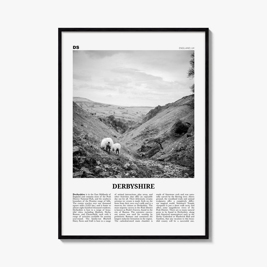Derbyshire black & white newspaper poster of United Kingdom – vertical wall art, unframed print shown in interior mockup