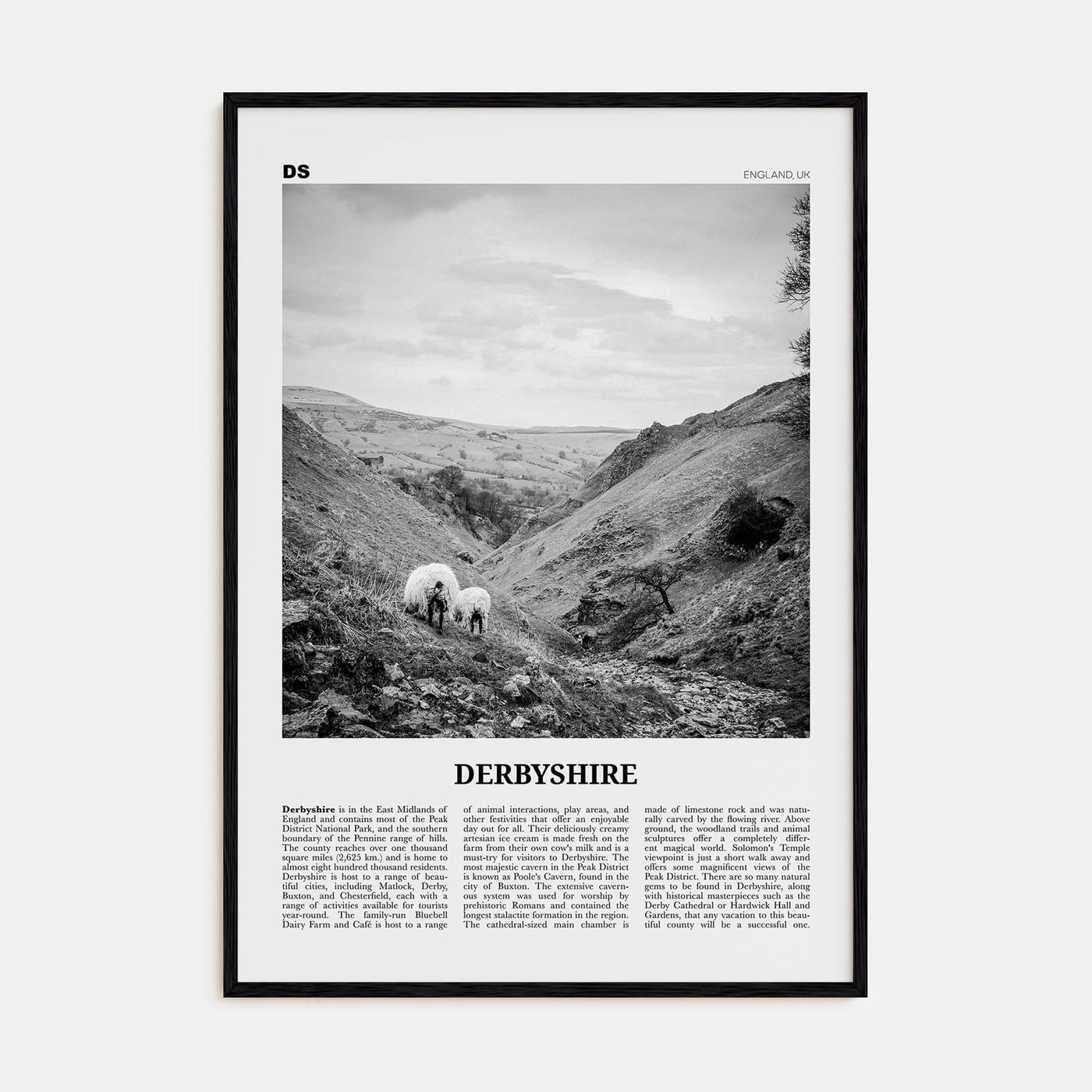 Derbyshire Poster Black Wood / 8x12 in Nbourhood Travel B&W Poster