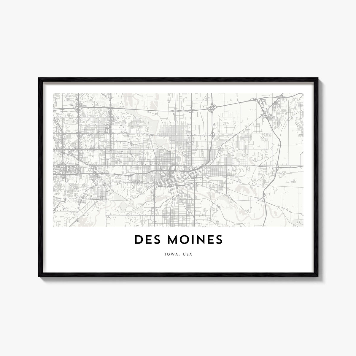 Des Moines black & white map poster of Iowa, USA – horizontal wall art, unframed print shown in interior mockup