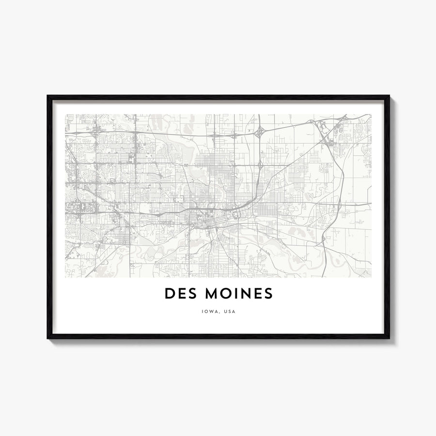 Des Moines black & white map poster of Iowa, USA – horizontal wall art, unframed print shown in interior mockup