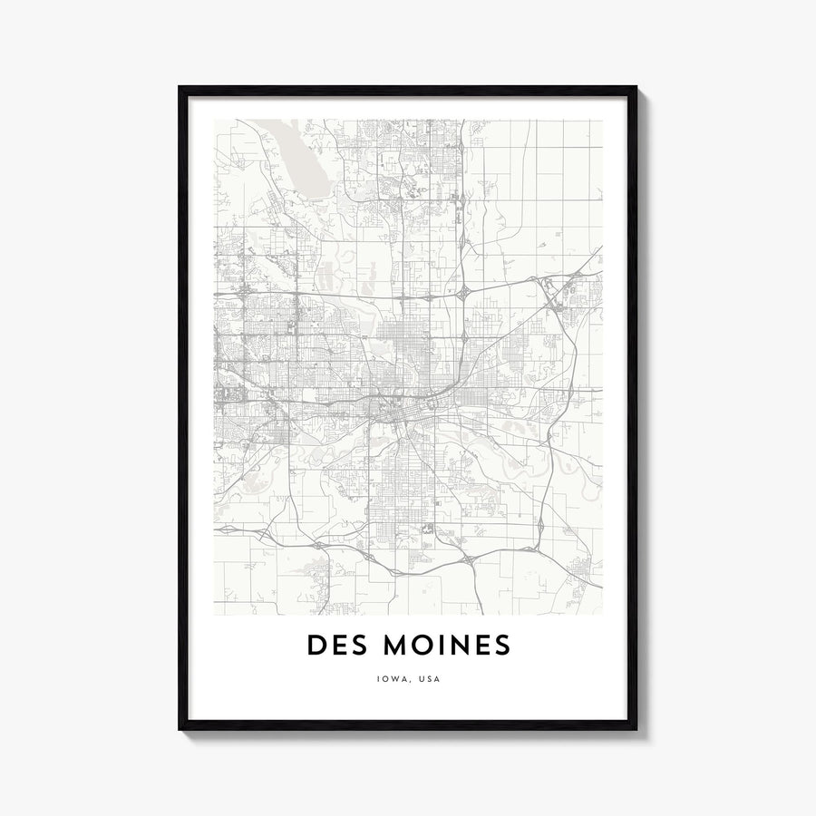 Des Moines black & white map poster of Iowa, USA – vertical wall art, unframed print shown in interior mockup