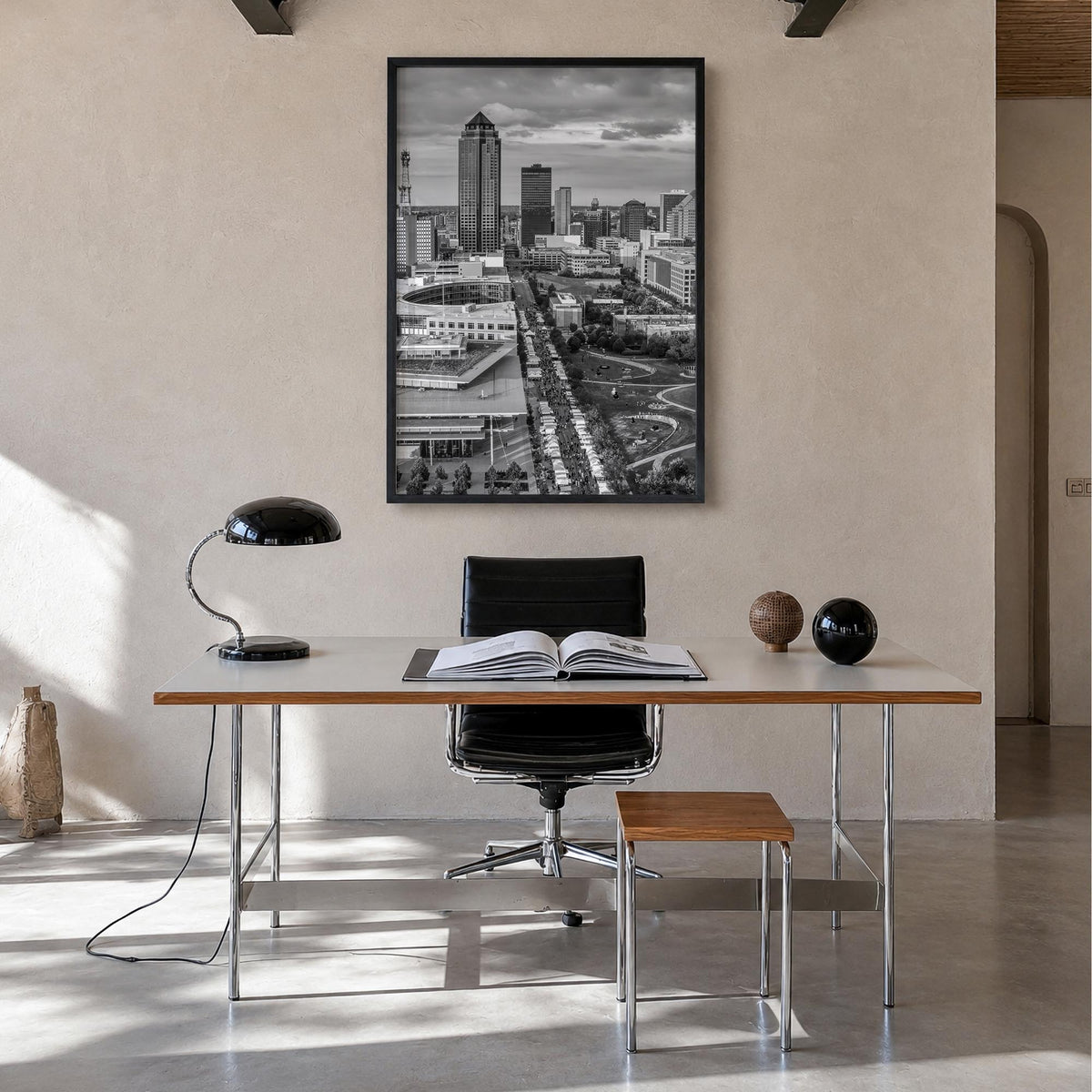 Des Moines black & white photo poster of Iowa, USA – vertical wall art in black wood frame, hanging on wall