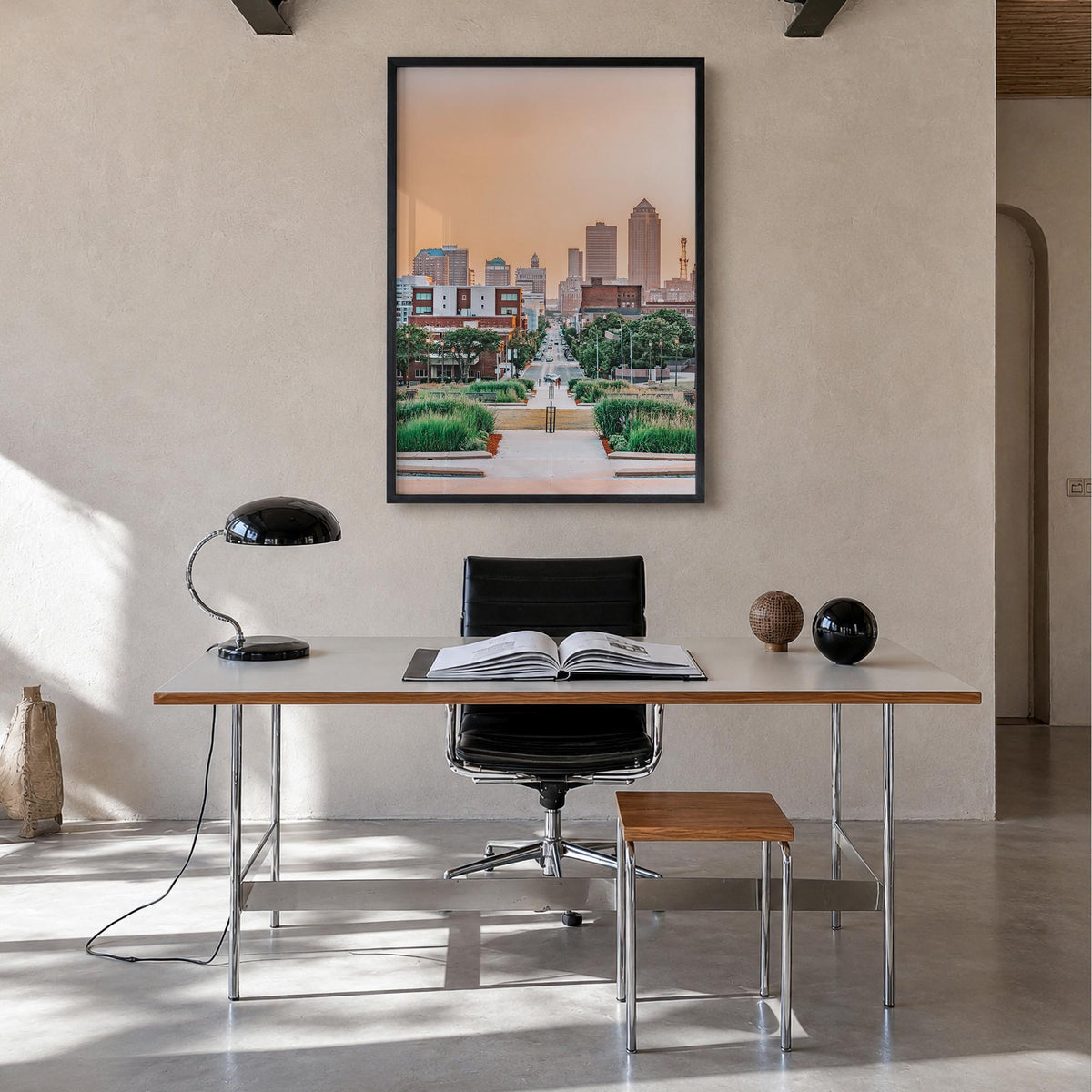 Des Moines colorful photo poster of Iowa, USA – vertical wall art in black wood frame, hanging on wall