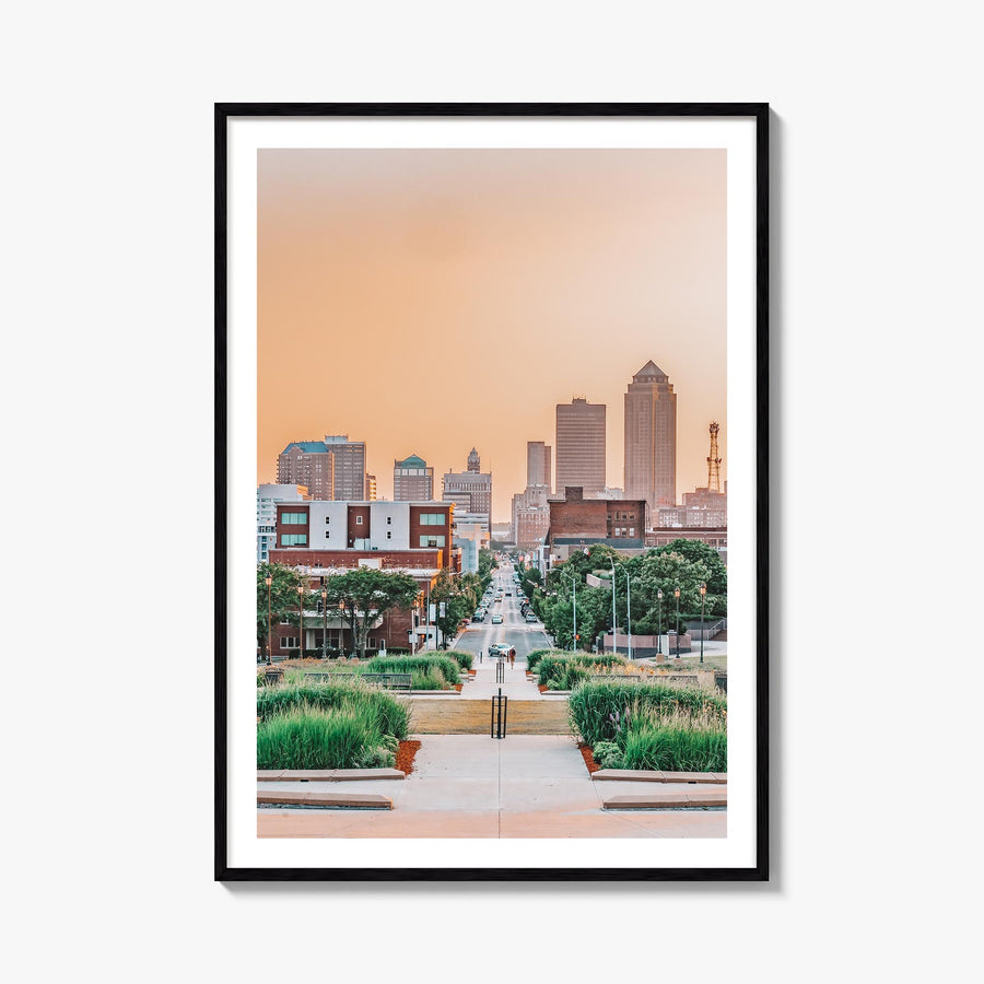 Des Moines colorful photo poster of Iowa, USA – vertical wall art, unframed print shown in interior mockup