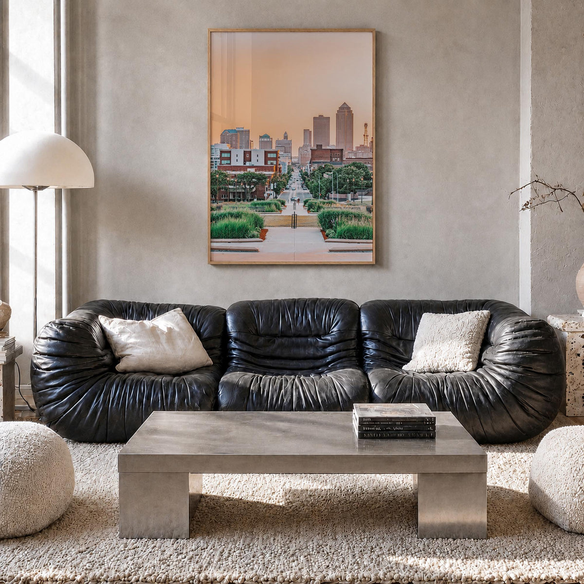 Des Moines colorful photo poster of Iowa, USA – vertical wall art in natural wood frame, hanging on wall