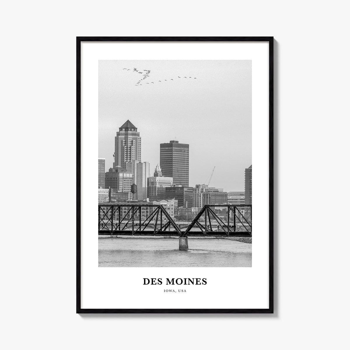 Des Moines no. 1 black & white classic poster of Iowa, USA – vertical wall art, unframed print shown in interior mockup