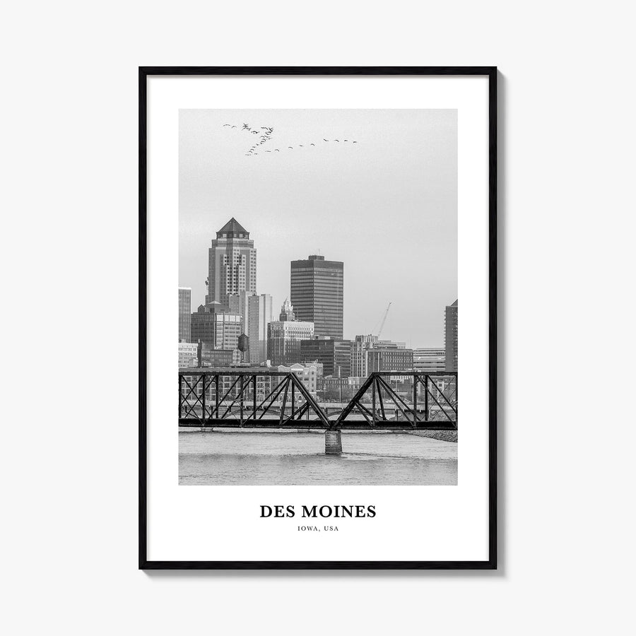 Des Moines no. 1 black & white classic poster of Iowa, USA – vertical wall art, unframed print shown in interior mockup
