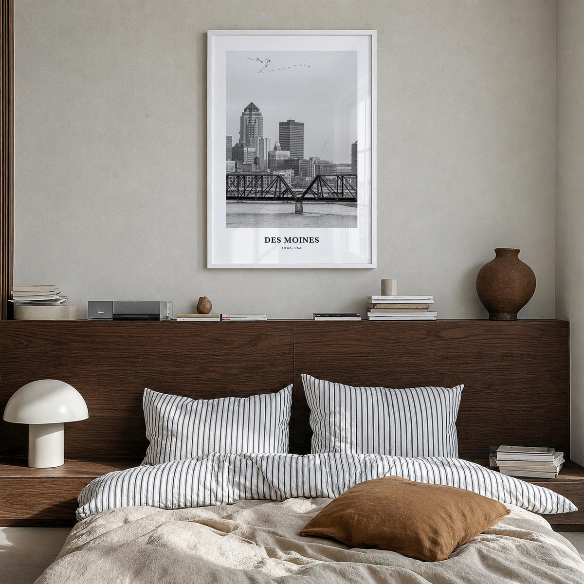 Des Moines no. 1 black & white classic poster of Iowa, USA – vertical wall art in white wood frame, hanging on wall