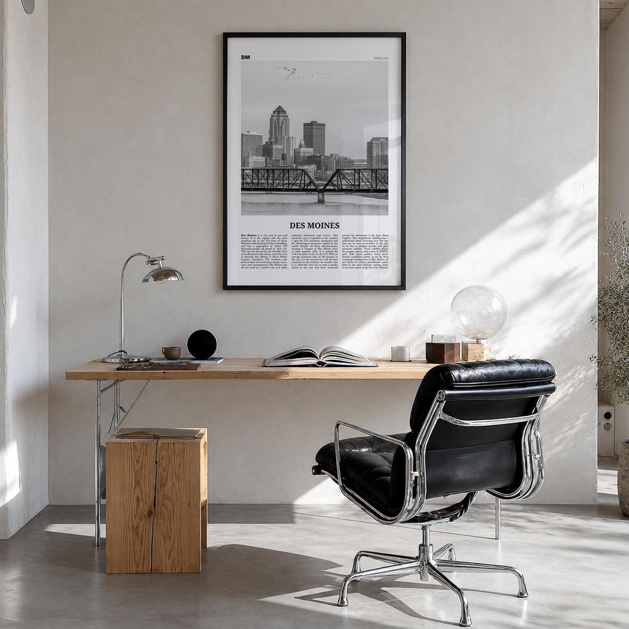 Des Moines no. 1 black & white newspaper poster of Iowa, USA – vertical wall art in black wood frame, hanging on wall