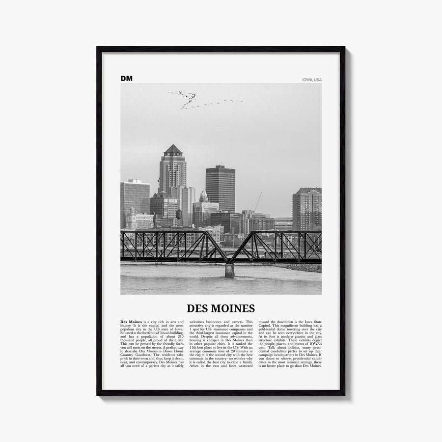 Des Moines no. 1 black & white newspaper poster of Iowa, USA – vertical wall art, unframed print shown in interior mockup