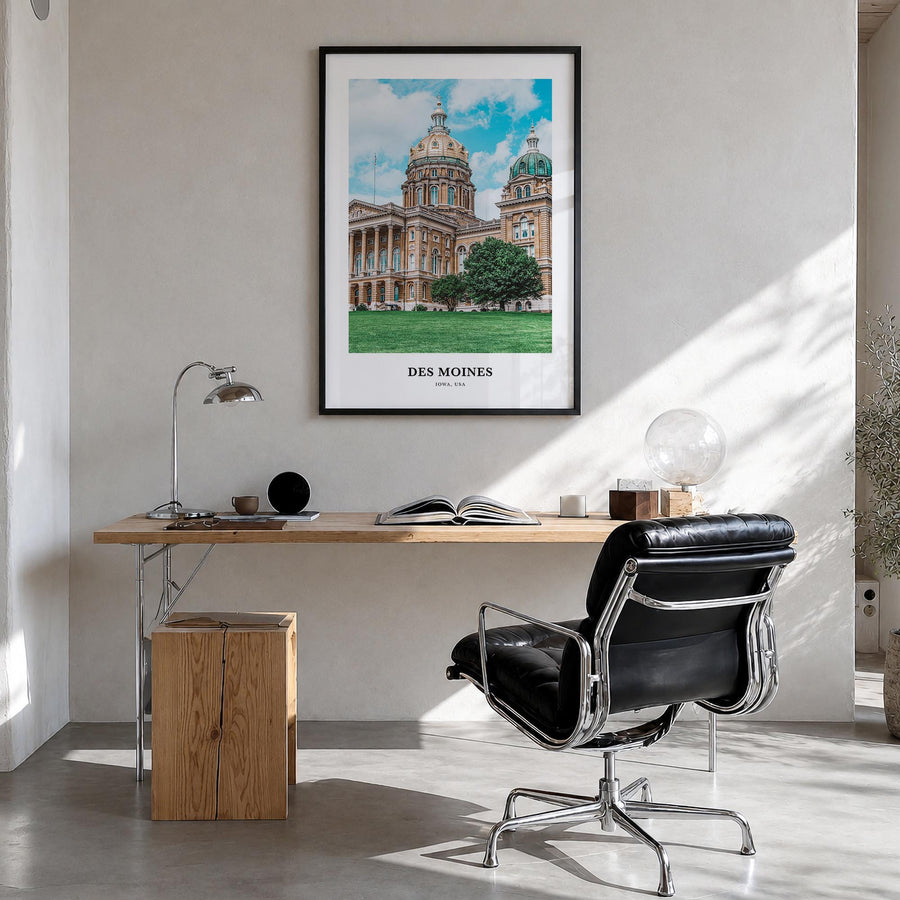 Des Moines no. 1 colorful classic poster of Iowa, USA – vertical wall art in black wood frame, hanging on wall